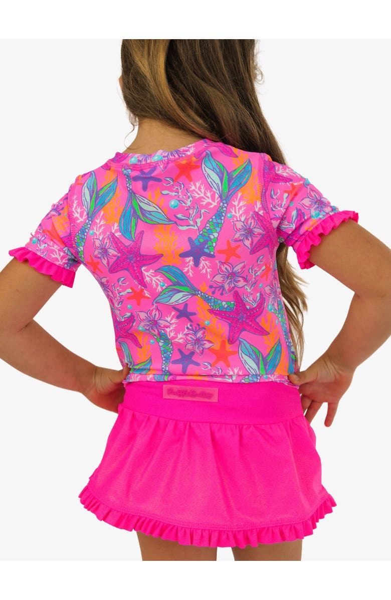 RuffleButts Toddler Girls Short Sleeve Ruffle UPF50+ Rash Guard Skirted 2-Piece, Alternate, color, Neon Shimmer Mermaid