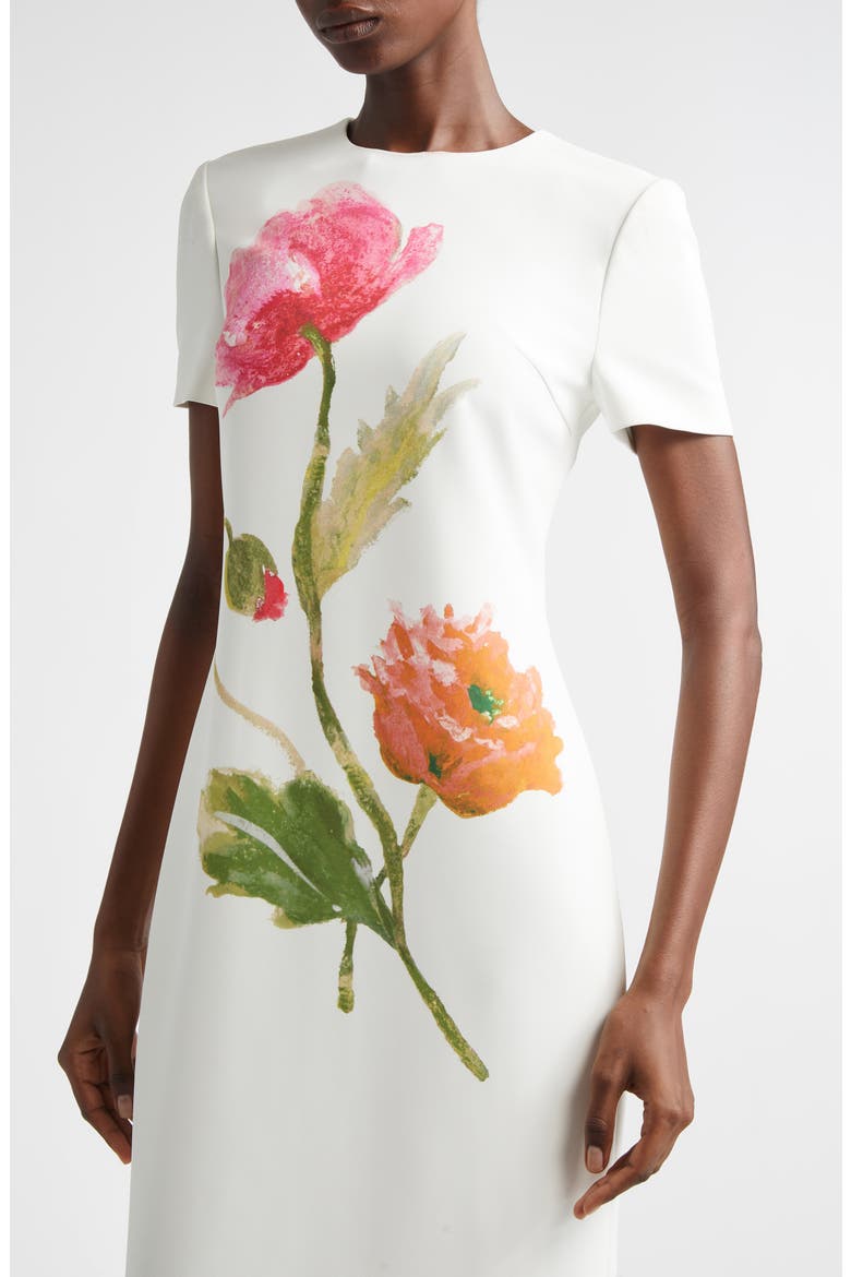 Poppy Print Short Sleeve Stretch Crepe Sheath Dress, Alternate, color, WHITE MULTI