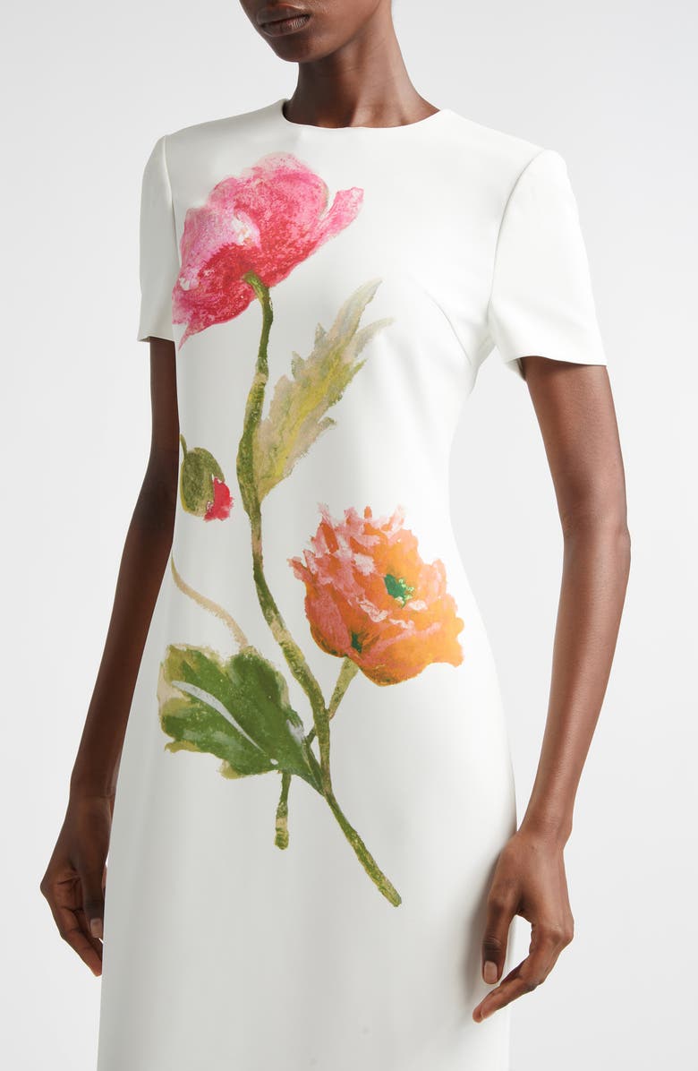 Carolina Herrera Poppy Print Short Sleeve Stretch Crepe Sheath Dress, Alternate, color, White Multi