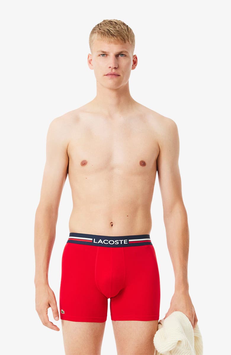 Lacoste Assorted 3-Pack Stretch Cotton Boxer Briefs, Alternate, color, Navy Blue/ Silver Chine/ Red
