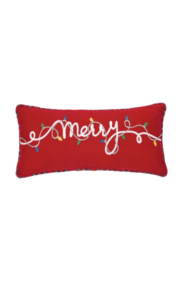 C&F Home "Merry" Cursive Christmas String Lights Embroidered Mini Accent Pillow 9" x 20", Main, color, Red