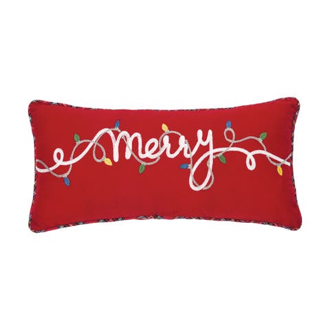 "Merry"  Cursive Christmas String Lights Embroidered Mini Accent Pillow 9" x 20"