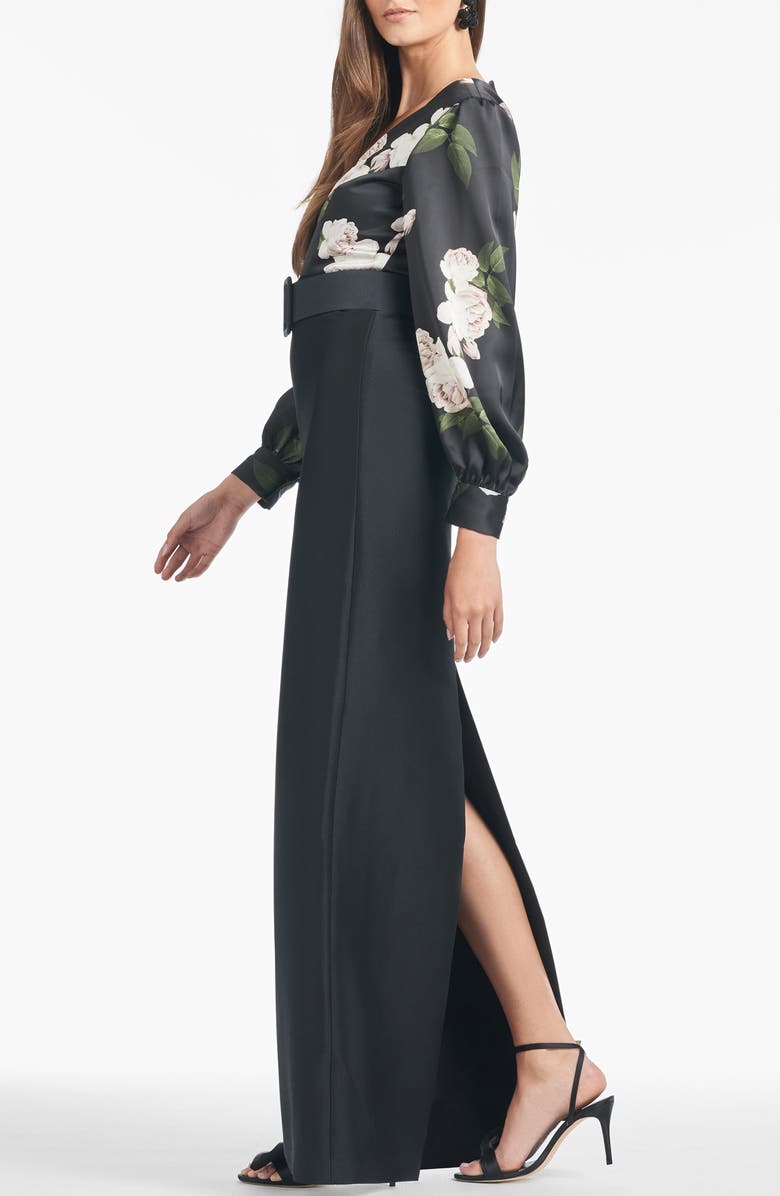 Sachin & Babi Schylor Belted Long Sleeve Crepe & Stretch Mikado Gown, Alternate, color, Obsidian Blooms / Black