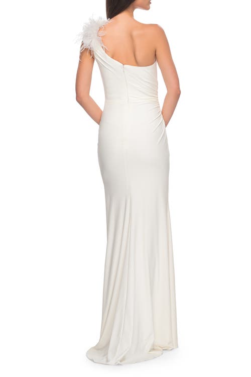 La Femme One Shoulder Jersey Gown With Feather Detail In White
