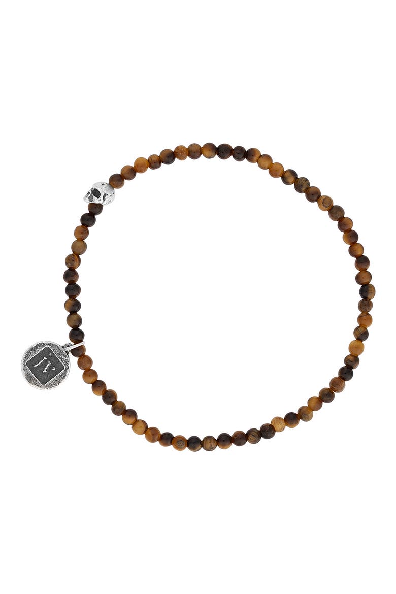 Skull Tiger's Eye Beaded Stretch Bracelet, Main, color, BROWN/SILVER