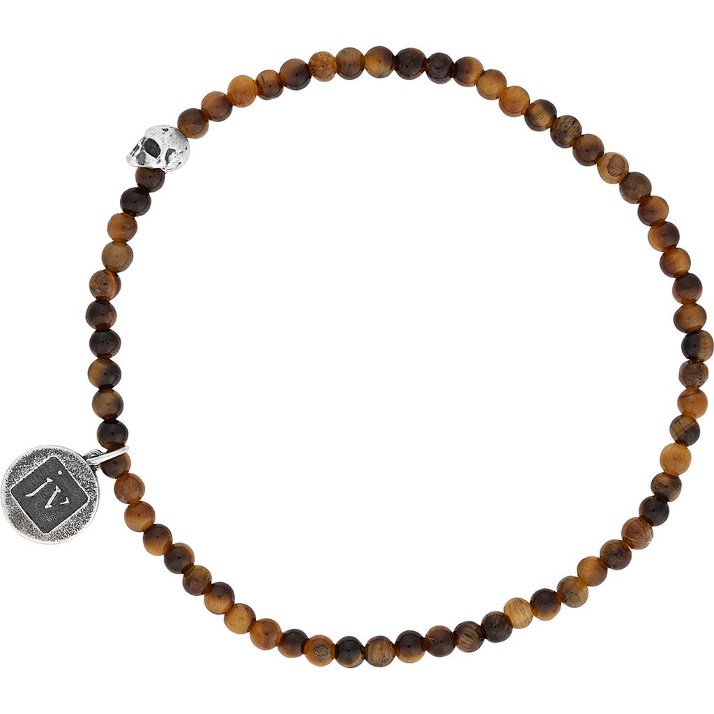 John Varvatos Skull Tiger's Eye Beaded Stretch Bracelet In Brown/silver