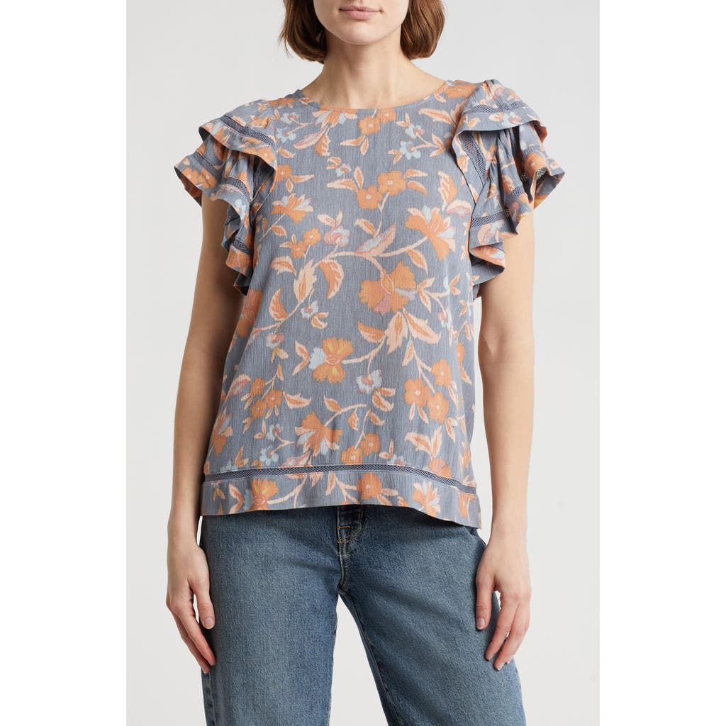 Daniel Rainn Mesh Inset Flutter Sleeve Top In Blue