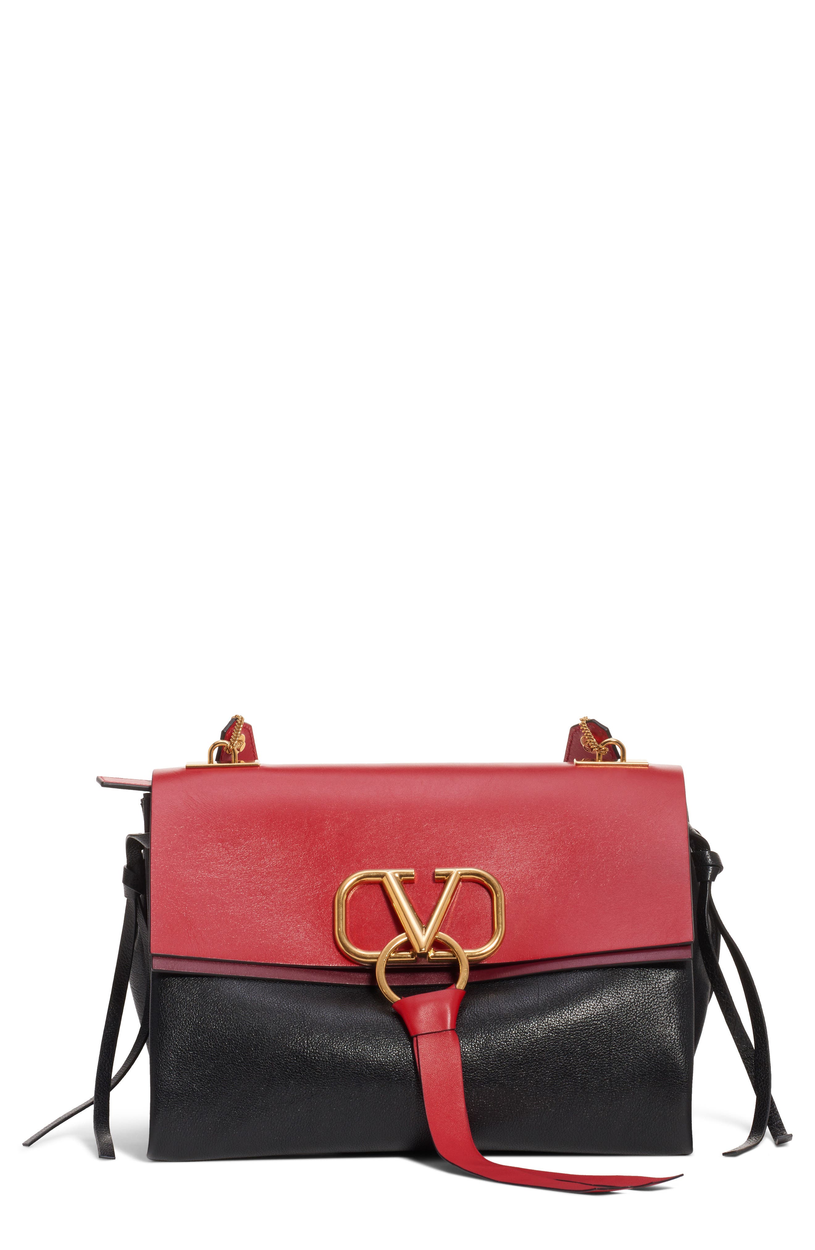 Valentino Garavani Medium V-Ring Leather Shoulder Bag, Main, color, 
