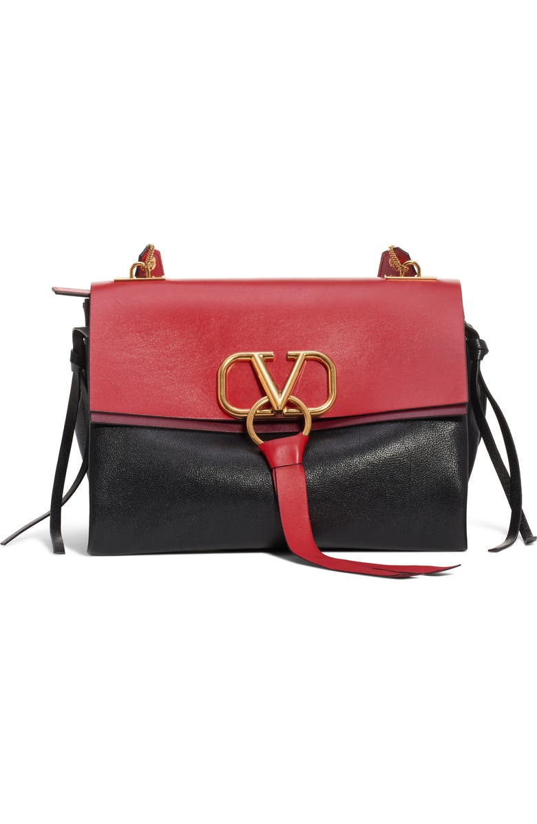 Valentino Garavani Medium V-Ring Leather Shoulder Bag, Main, color,