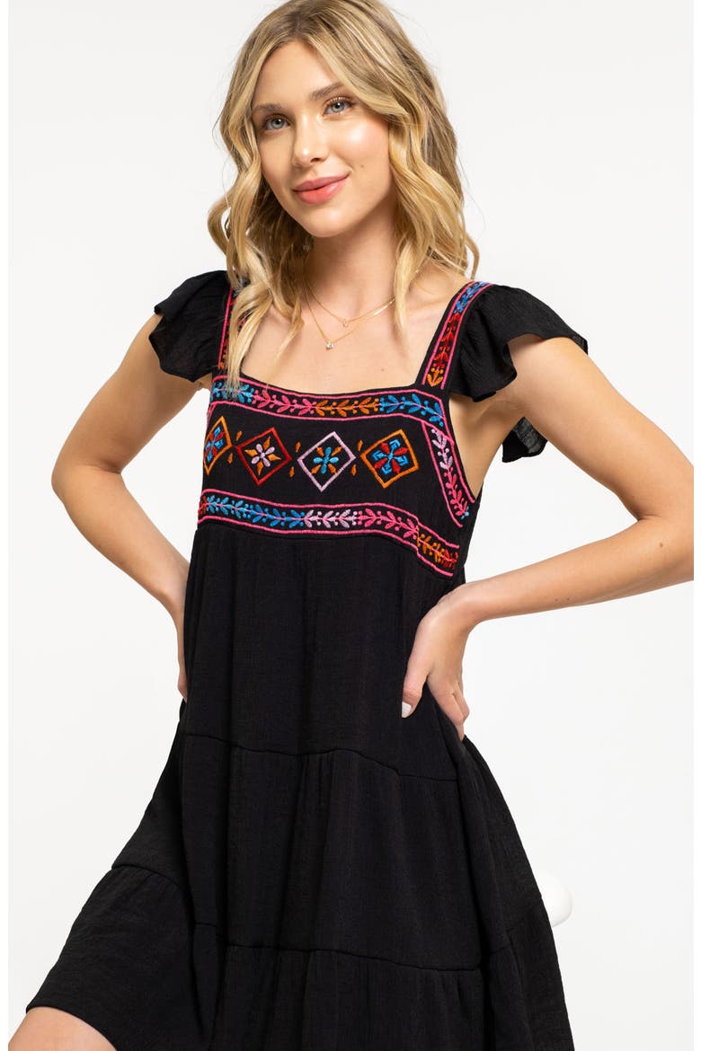 Embroidered Cap Sleeve Trapeze Dress, Alternate, color, BLACK