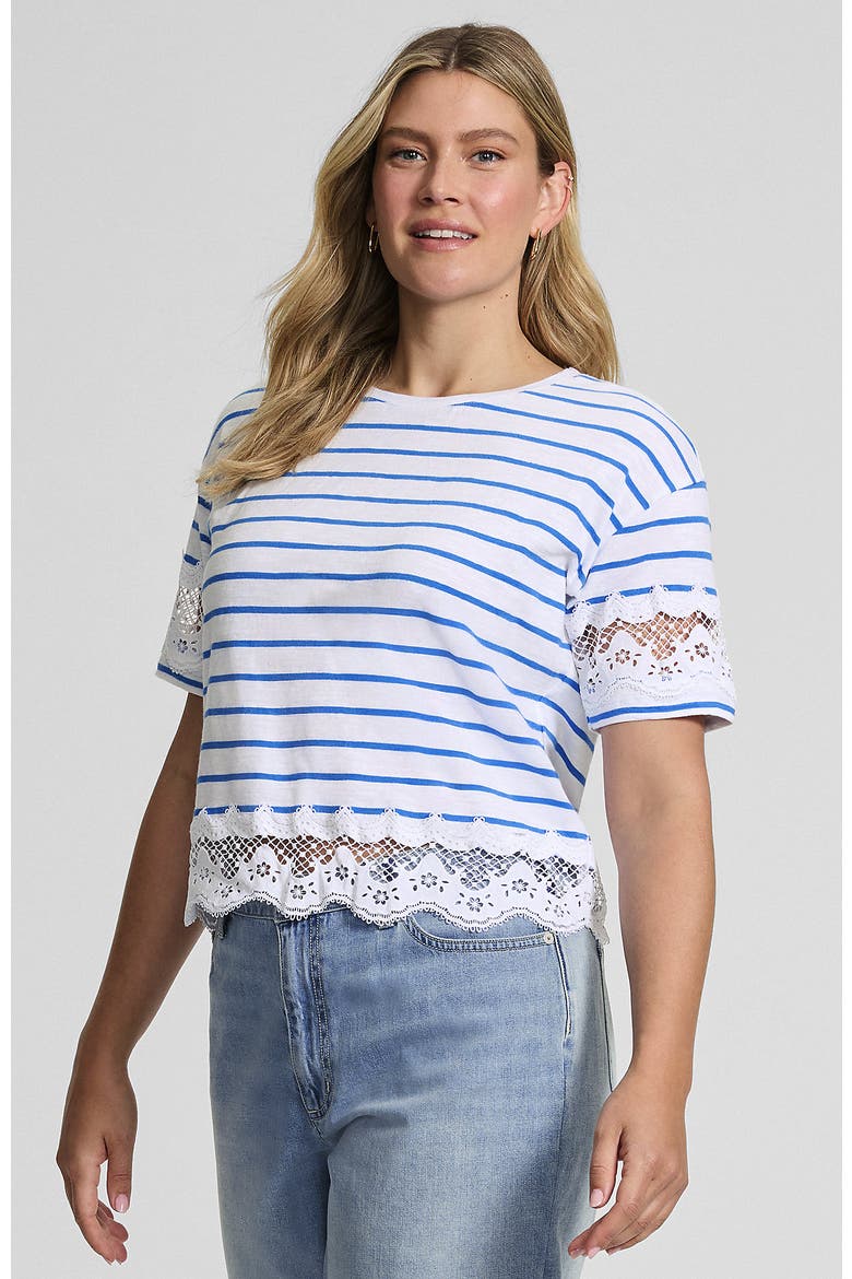 Short Sleeve Slub Jersey Cutwork T-Shirt, Main, color, White/Bright Blue Stripe