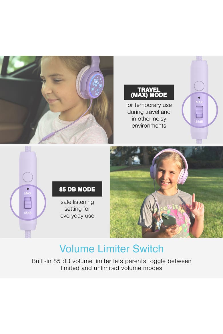 KidJamz KJ65U Safe Listening USB-C Over-Ear Headphones for Kids with LED Lights, Alternate, color, Lavender