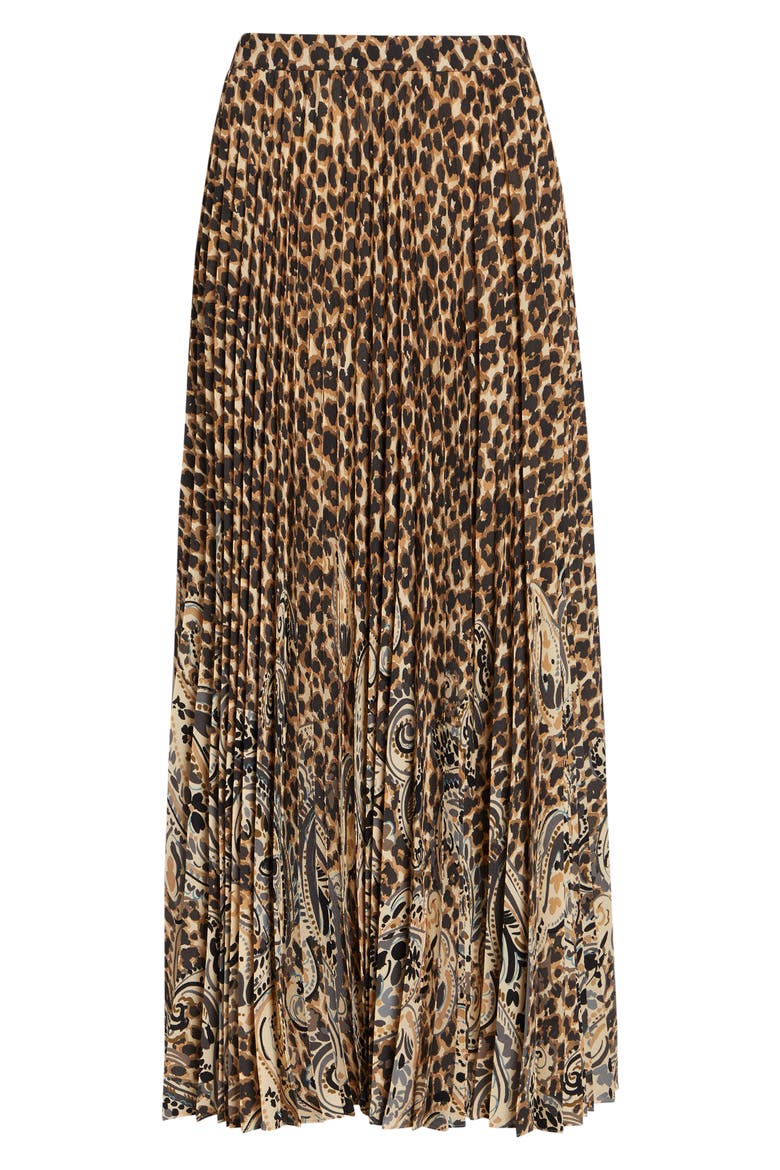 Mixed Print Pleated Midi Skirt, Alternate, color, BEIGE