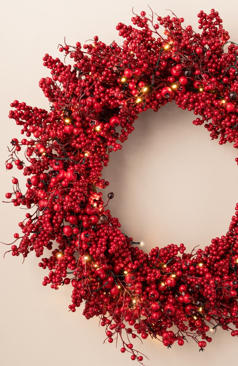 Balsam Hill Festive Pre Lit Red Berry Wreath, Alternate, color, 