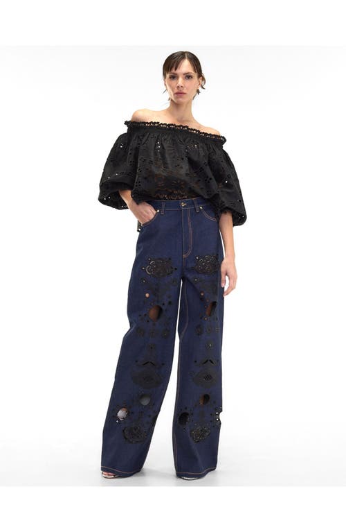 Cynthia Rowley Embroidered Wide-leg Jean In Navy/black