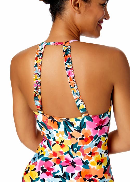ANNE COLE WATERCOLOR PAISLEY HIGH NECK WITH RUFFLED STRAPS ONE PIECE SWIMSUIT