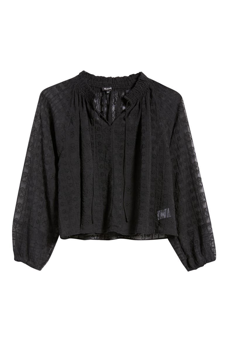 Embroidered Tie Neck Long Sleeve Top, Alternate, color, JET BLACK
