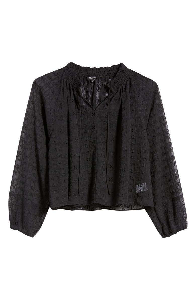 Madewell Embroidered Tie Neck Long Sleeve Top, Alternate, color, Jet Black