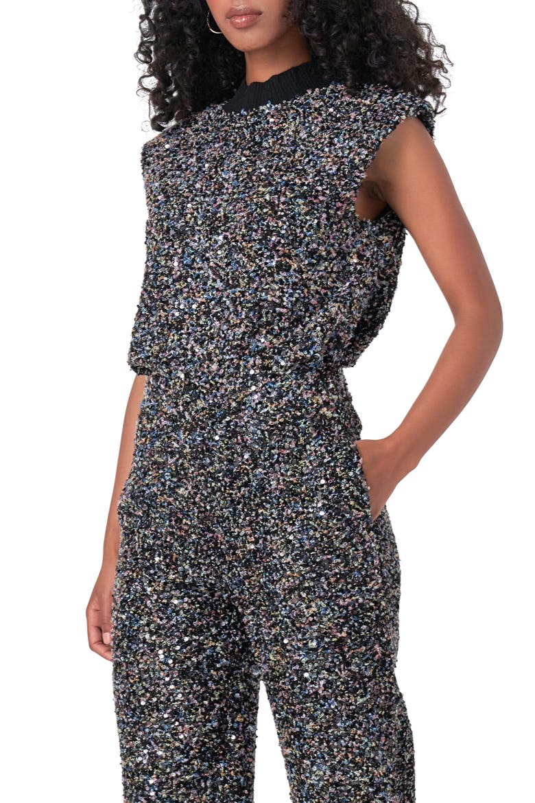 Cap Sleeve Bouclé Tweed Top, Alternate, color, BLACK MULTI