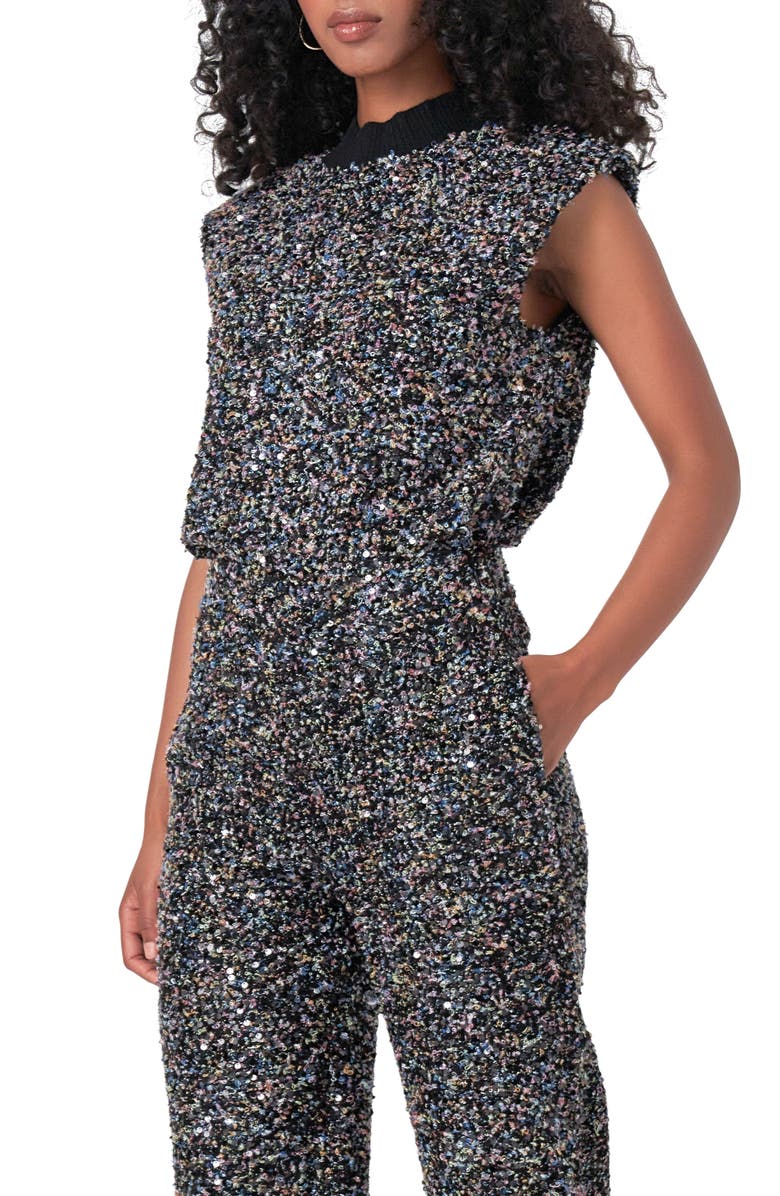 Endless Rose Cap Sleeve Bouclé Tweed Top, Alternate, color, Black Multi