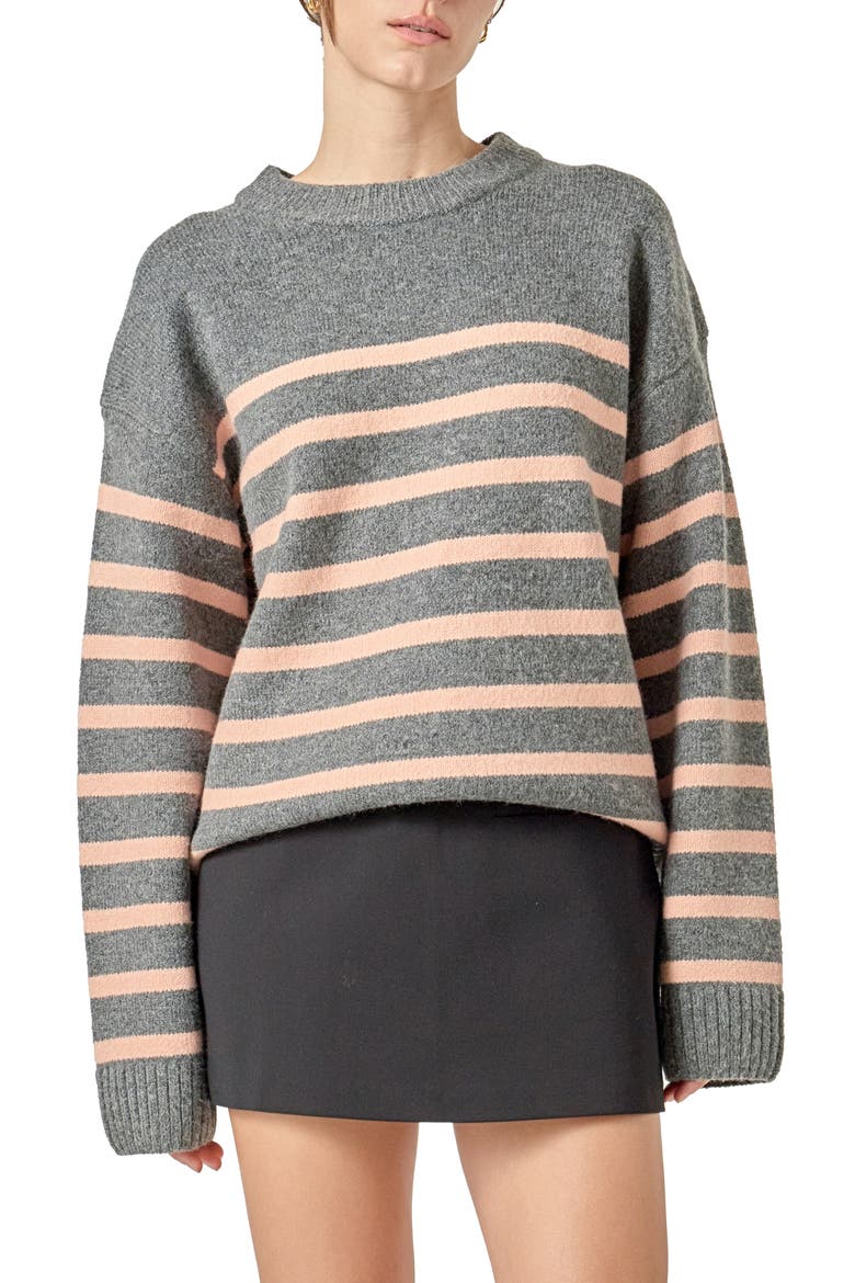 Stripe Crewneck Sweater, Main, color, HEATHER GREY/ SALMON