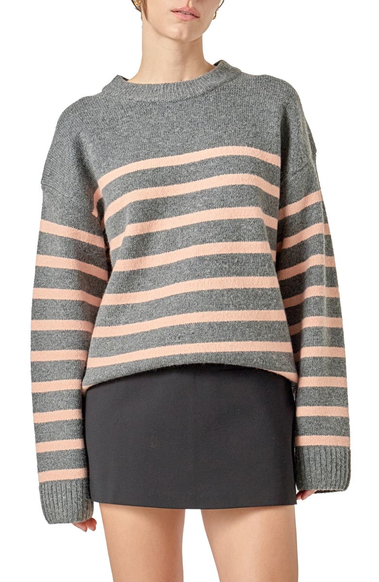 English Factory Stripe Crewneck Sweater, Main, color, Heather Grey/ Salmon