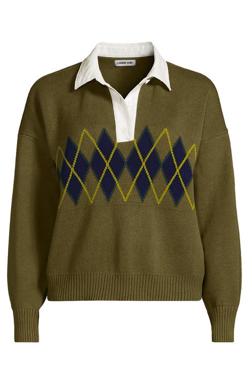Lands' End Drifter Rugby With Woven Collar Sweater In Green