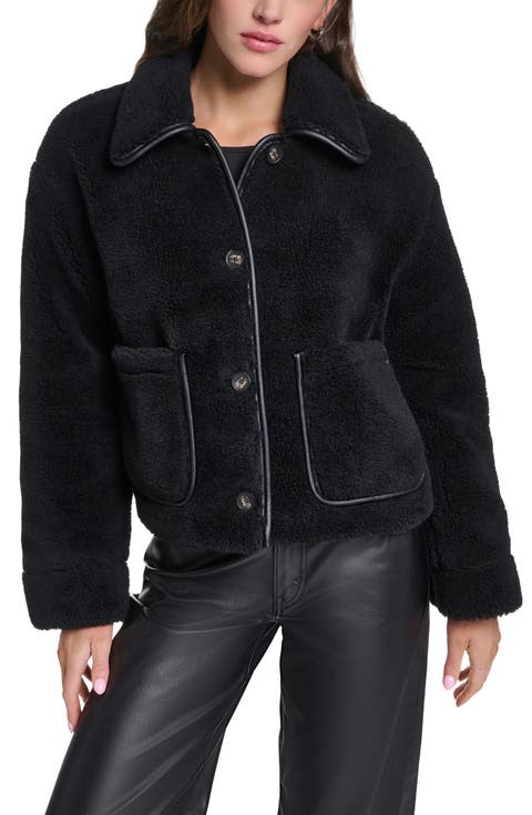 Faux Fur Jacket with Faux Leather Trim