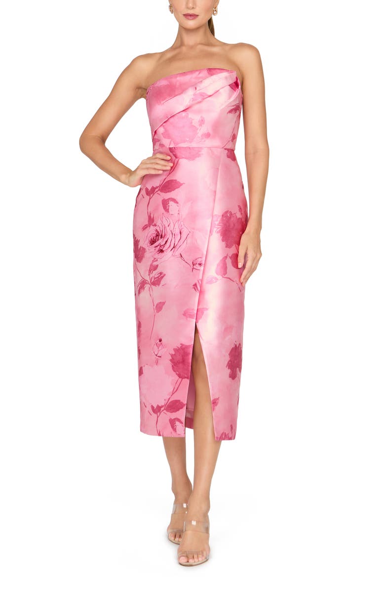 Kay Unger Addison Floral Strapless Sheath Midi Dress, Main, color, Rose Bud
