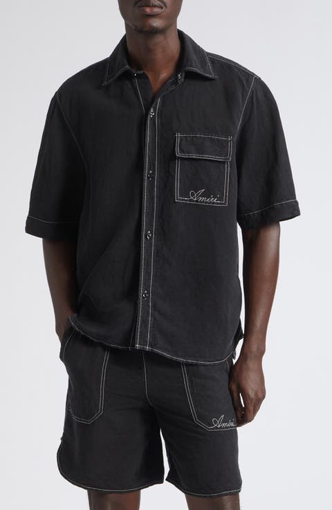 Script Garment Dyed Short Sleeve Linen Blend Button-Up Shirt