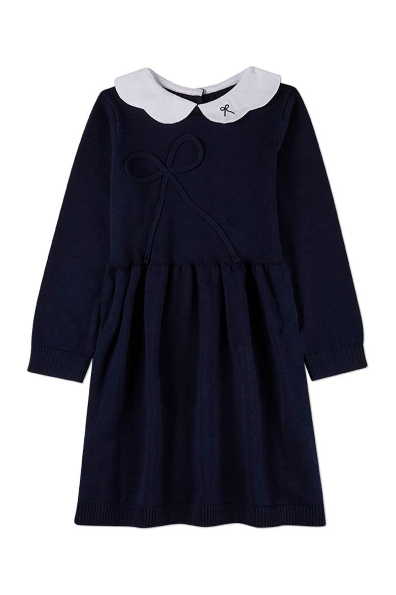 Midi Dress with Scalloped Pop Collar and Bow Accents, Main, color, Navy-White