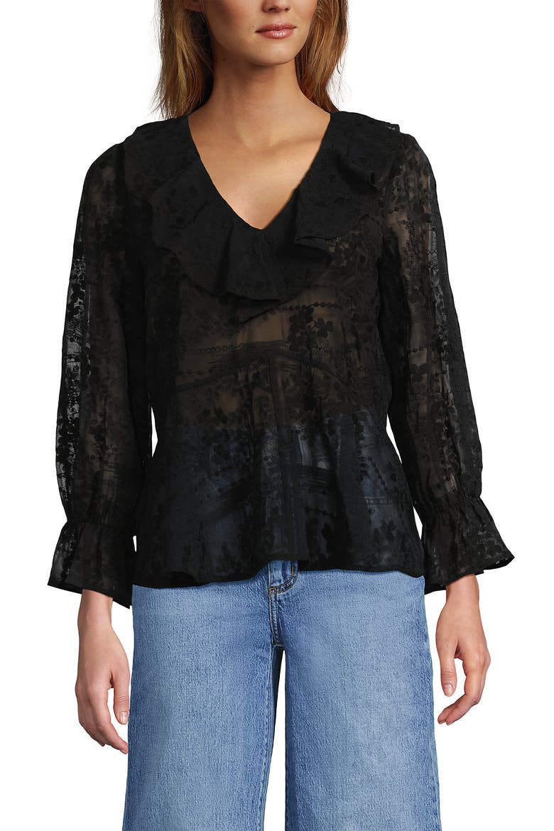 Feminine Ruffle Chiffon V Neck Blouse, Main, color, Black