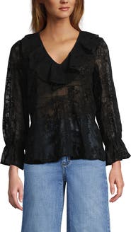 Lands' End Feminine Ruffle Chiffon V Neck Blouse