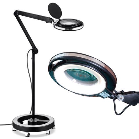 Lightview Pro 55 in. Black Industrial 1-Light 3-Way Dimming and Color Adjustable 1.75X Magnifying LED Rolling Floor Lamp