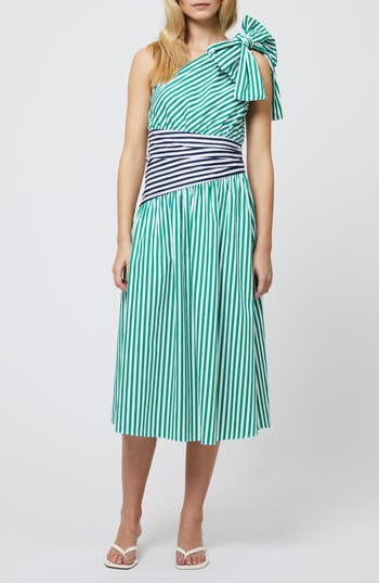 French Connection Alexis Mixed Stripe One-shoulder Cotton Dress In Green
