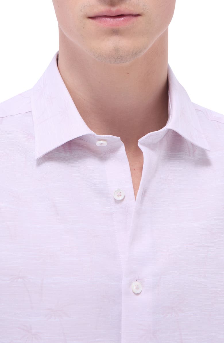 Bugatchi Orson Palm Tree Pattern Solid Short Sleeve Cotton & Linen Button-Up Shirt, Alternate, color, Dusty Pink