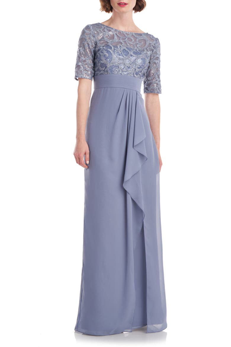 Meg Embellished Ruffle Gown, Main, color, SHALE
