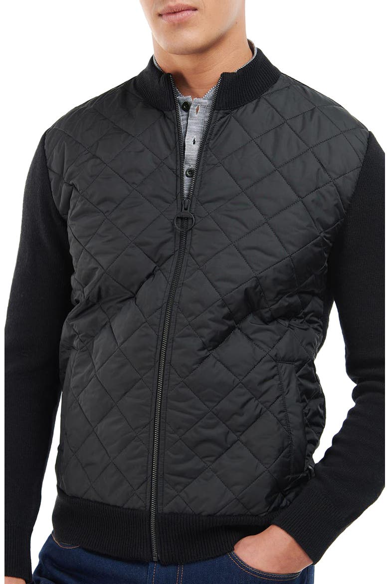 Essential Diamond Quilt Contrast Zip Sweater, Main, color, BLACK