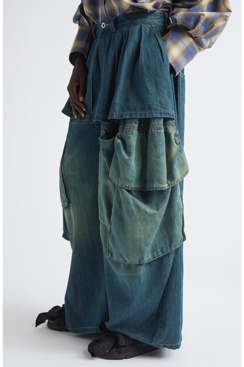 Hazel Skirt Panel Oversize Denim Cargo Pants, Alternate, color, GREENWASH