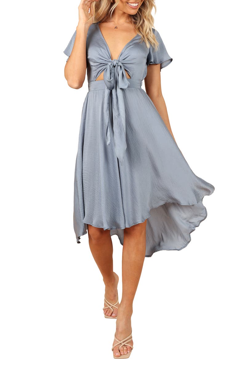 Petal & Pup Amanda Tie Front Cutout High-Low Satin Dress, Main, color, Blue