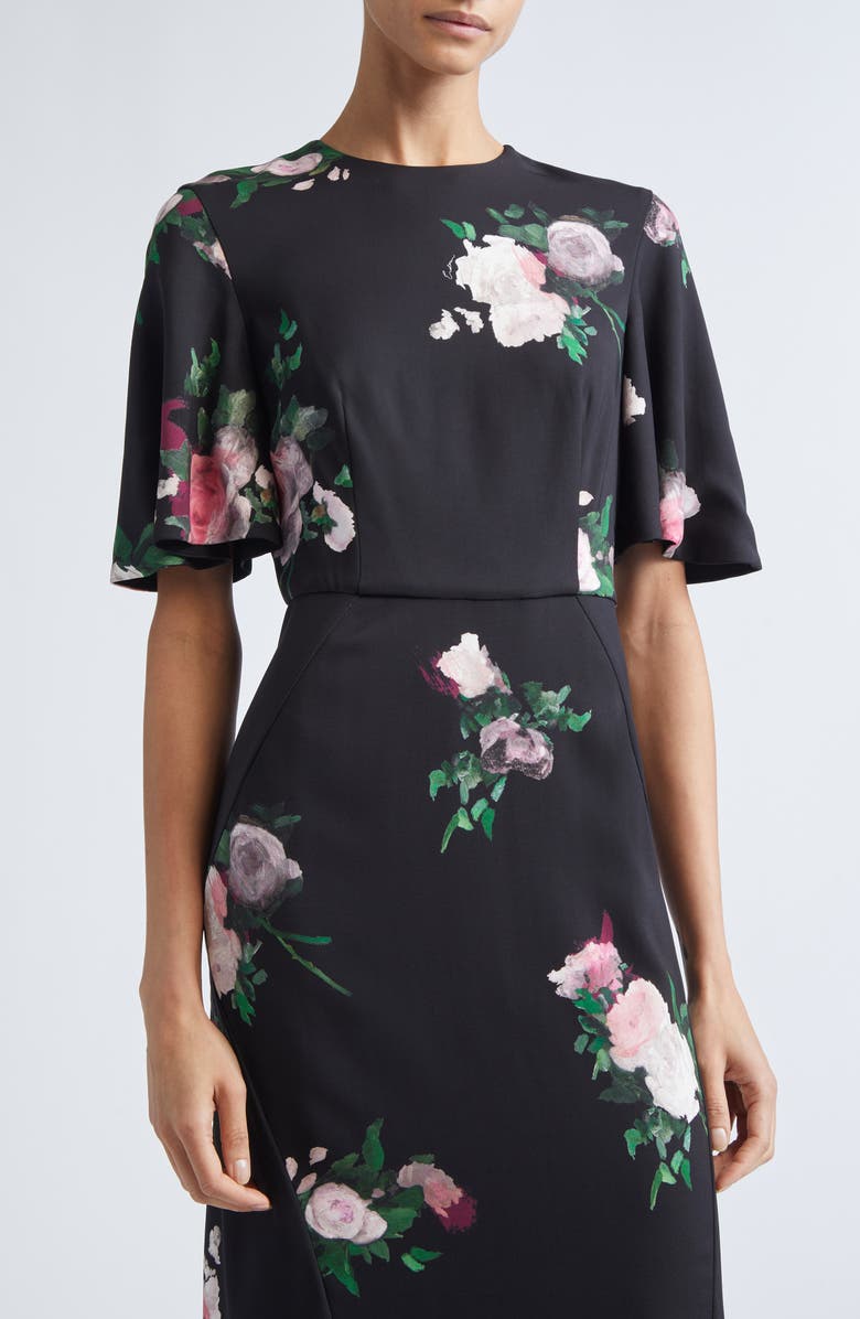 Erdem Floral Flutter Sleeve Stretch Cady Midi Dress, Alternate, color, Painted Rose Bouquet Black