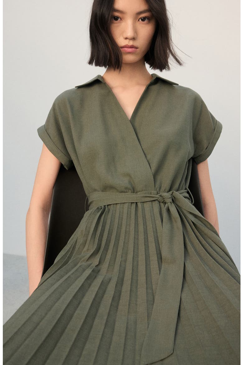 Pleated Tie Waist Maxi Shirtdress, Alternate, color, KHAKI GREEN