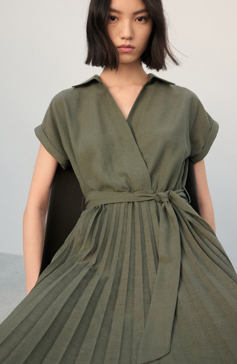 MANGO Pleated Tie Waist Maxi Shirtdress, Alternate, color, Khaki Green