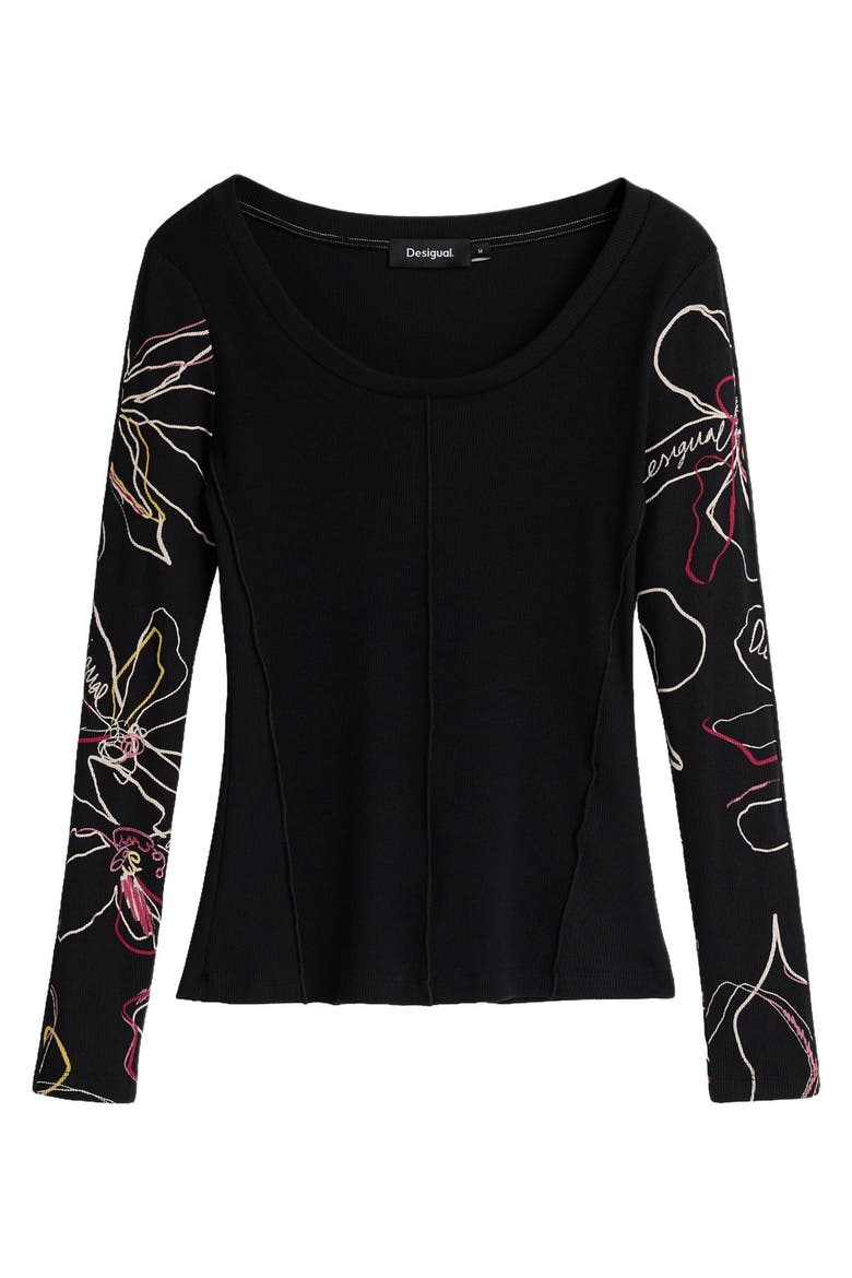 Floral Embroidered Long Sleeve Scoop Neck Top, Main, color, BLACK