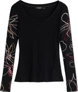 Desigual Floral Embroidered Long Sleeve Scoop Neck Top