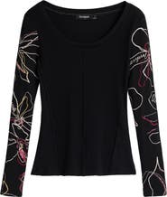 Desigual Floral Embroidered Long Sleeve Scoop Neck Top