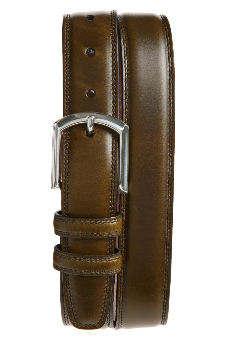 Stitched Calfskin Leather Belt, Main, color, OLIVE