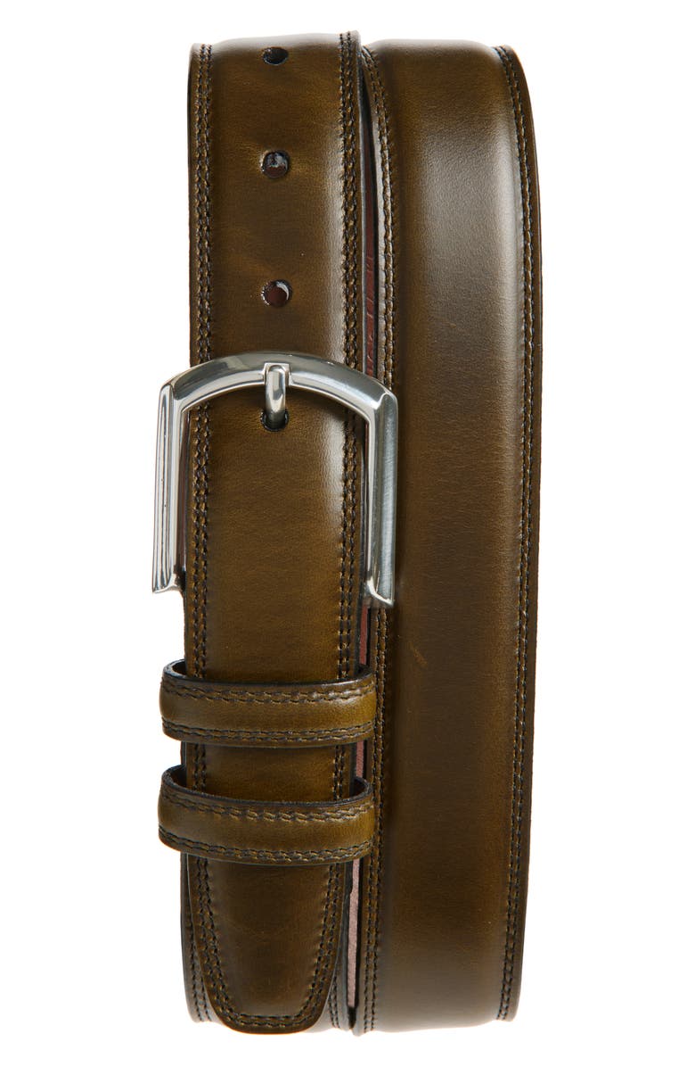 Torino Stitched Calfskin Leather Belt, Main, color, Olive