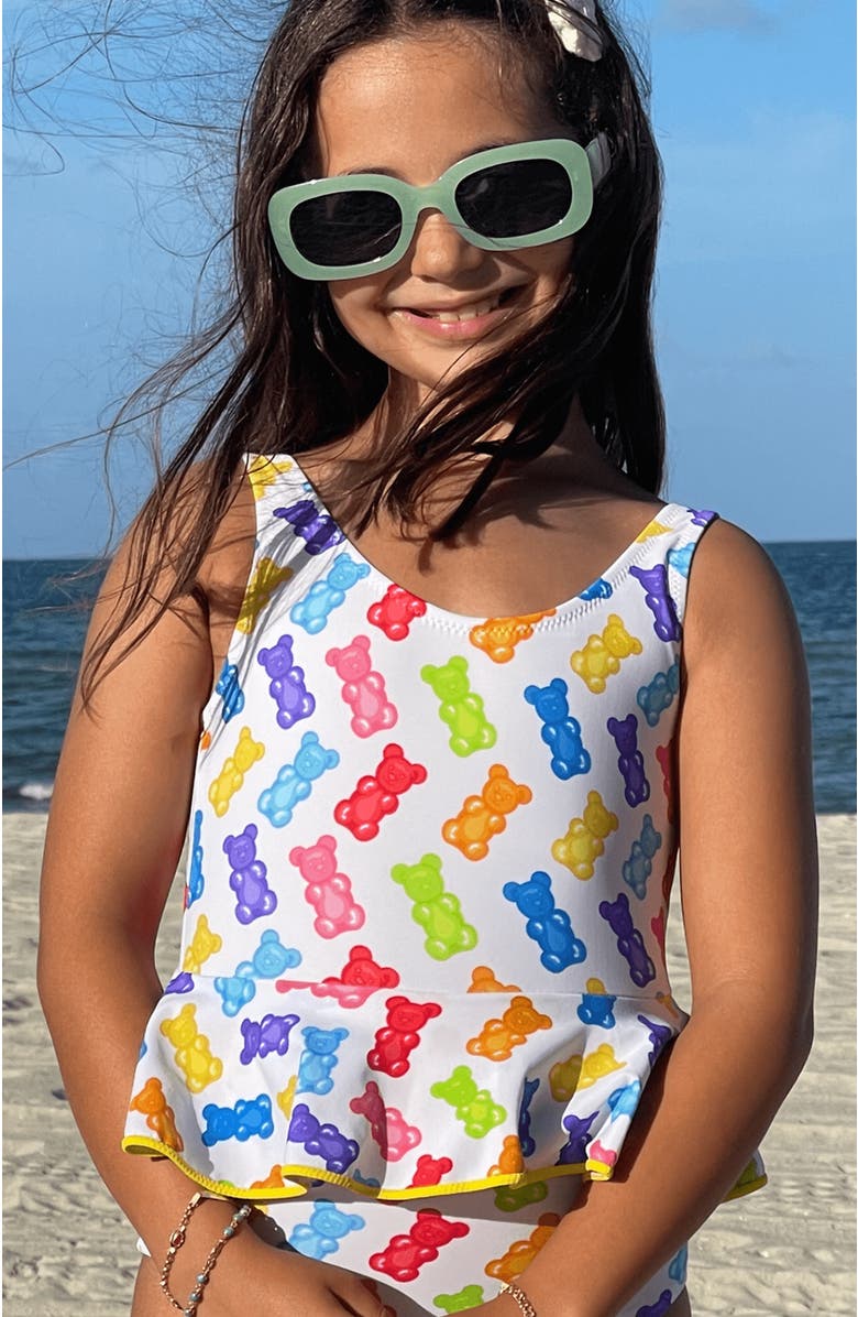 NESSI BYRD Jellybean Print  Ruffle Waist One-Piece Swimsuit, Toddler-Little Kid-Big Kid, Alternate, color, Multicolor