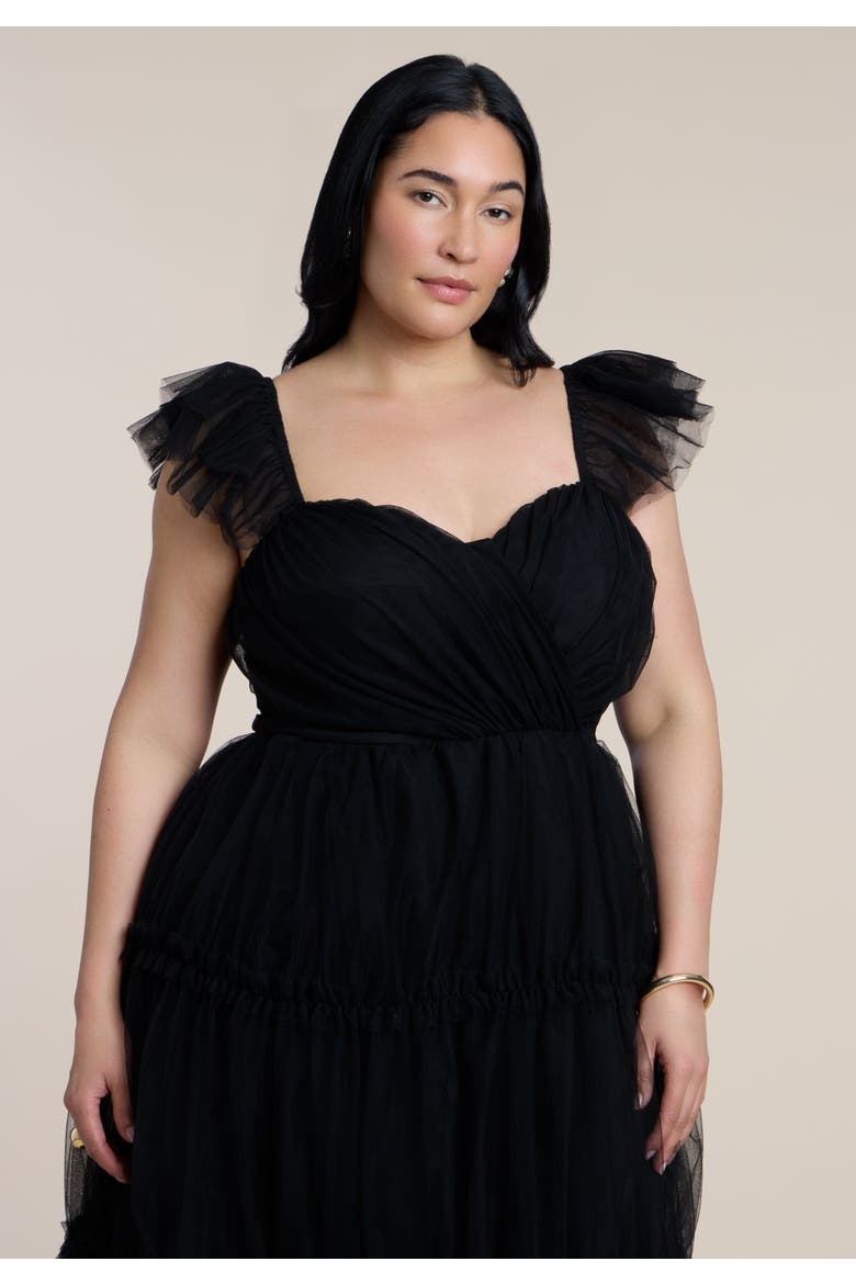 Flutter Sleeve Tulle Midi Dress, Alternate, color, BLACK ONYX
